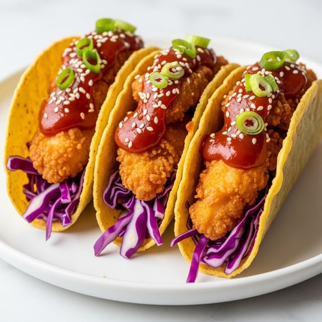 The image shows three golden, crispy taco shells standing upright on a white plate, each filled with several layers of colorful ingredients. The bottom layer inside the taco shells is shredded purple cabbage, topped with a generous amount of thick reddish-brown sauce that looks glossy and rich. Above that are pieces of tender, golden-brown fried chicken, sprinkled with sesame seeds. On top, there are small green slices of fresh green onions adding a fresh touch. The white plate sits on a white marbled surface, and the lighting brings out the crispy texture and vibrant colors clearly. Photo taken with an iphone --ar 4:5 --v 7