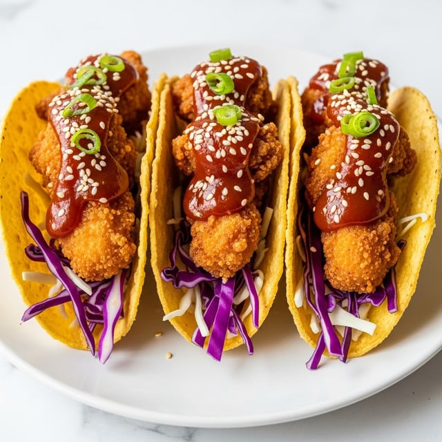The image shows several golden-brown crispy wonton cups filled with layers of colorful ingredients. The bottom layer inside the cups is light green shredded lettuce, topped with thin strips of purple cabbage. Over this, there are pieces of glazed, reddish-brown chicken coated in a shiny sauce. On top, the dish is garnished with white sesame seeds and chopped green onions. The wonton cups are arranged on a white plate sitting on a white marbled surface. photo taken with an iphone --ar 4:5 --v 7