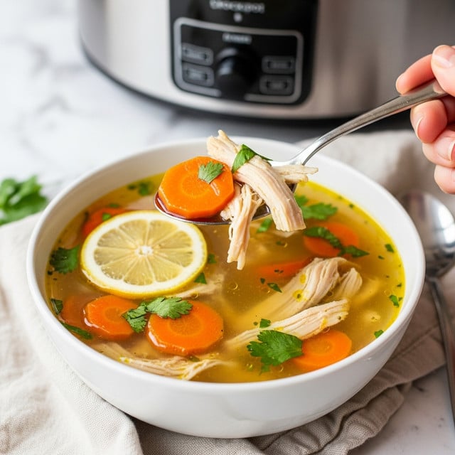 The image shows a white bowl filled with clear chicken soup that has a warm yellowish broth. The soup has layers of thin shredded chicken, bright orange carrot slices, fresh green herbs, and a thin lemon slice floating on the top. A spoon is held by a woman's hand, lifting a spoonful of the soup containing a carrot slice, chicken shreds, and herbs. The bowl sits on a light-colored cloth with a white marbled background and a blurred slow cooker in the back. photo taken with an iphone --ar 4:5 --v 7