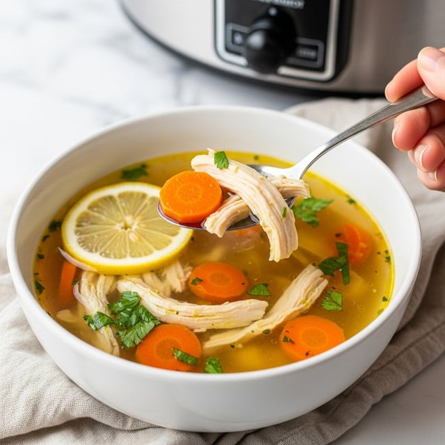 A close-up image shows a white bowl filled with clear chicken soup containing orange carrot slices, shredded white chicken, green herb pieces, and two thin lemon slices floating on the top. A spoon held by a woman's hand lifts a portion of soup containing a carrot slice, chicken shreds, and herbs near the center above the broth. The soup has a warm golden color with visible oil droplets, and the bowl rests on a light gray textured cloth on a white marbled surface. In the background, part of a white slow cooker is visible. Photo taken with an iphone --ar 4:5 --v 7