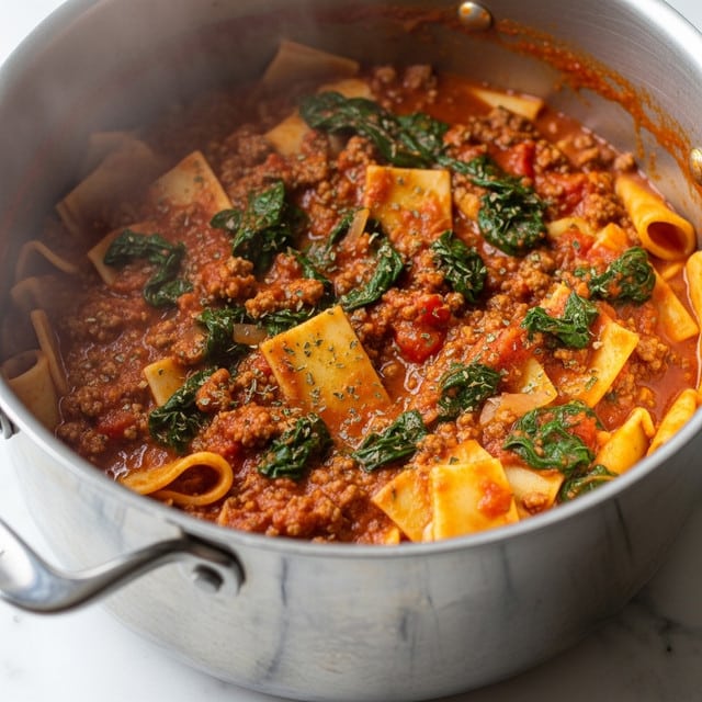 A close-up view of a large pot filled with rich, thick tomato soup with visible layers of ground meat and leafy green spinach mixed throughout. The soup is a deep red color with chunks of wide lasagna noodles scattered unevenly in the mix, adding a pale yellow hue. The soup looks hot and steamy, with a spoon partially submerged on the left side, showing the chunky texture of meat and softened pasta. The pot rests on a white marbled surface. photo taken with an iphone --ar 4:5 --v 7