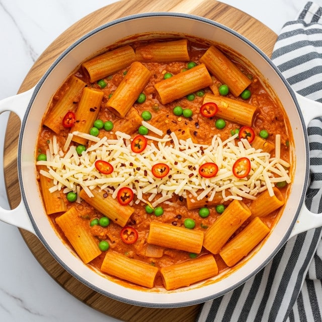 A close-up top view of a white pot filled with rigatoni pasta in a thick, creamy orange-red tomato sauce, speckled with bright green peas. The rigatoni are large, tubular, and smooth, sitting partially submerged in the sauce. On top, there is a generous strip of finely shredded pale yellow cheese sprinkled across the middle, along with small bits of red chili flakes adding a touch of texture and color. The pot rests on a round wooden board, with a black and white striped cloth partially visible next to it on a white marbled surface. Photo taken with an iphone --ar 4:5 --v 7
