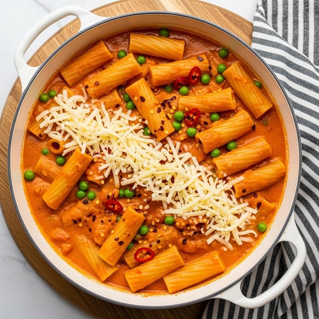 A black pot filled with three layers of food is shown. The bottom layer is a smooth, creamy orange-red sauce covering the pot. The middle layer contains large tubes of rigatoni pasta, cooked and creamy, partially covered by the sauce. Bright green peas are scattered evenly between and on top of the pasta. The top layer has a light sprinkling of finely shredded pale yellow cheese and a few red chili flakes spread across the center. The pot is placed on a round wooden board on a white marbled surface, with a black and white striped towel draped near it. Photo taken with an iphone --ar 4:5 --v 7