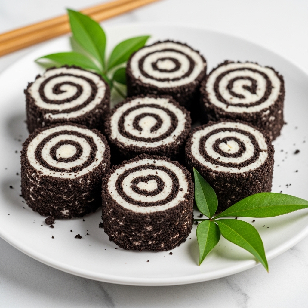 The image shows eight sushi roll pieces arranged in a curved line on a white plate with a white marbled surface underneath. Each piece has two layers: a dark brown, almost black outer layer with a rough texture, and a smooth, creamy white inner layer that forms a spiral pattern. Small dark crumbs and a single green leaf are scattered near the sushi rolls, adding a touch of natural color. A pair of chopsticks can be seen at the top of the image, slightly blurred in the background. photo taken with an iphone --ar 4:5 --v 7