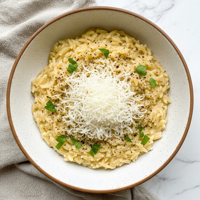 A top view of a bowl filled with creamy pasta made of small, short noodles mixed in a smooth, light beige sauce. The pasta is topped with a layer of finely grated white cheese spread evenly on the surface, sprinkled with small black pepper flakes and scattered fresh green herb leaves. The bowl is placed on a burlap fabric with some green herb sprigs nearby, all set on a white marbled texture. photo taken with an iphone --ar 4:5 --v 7