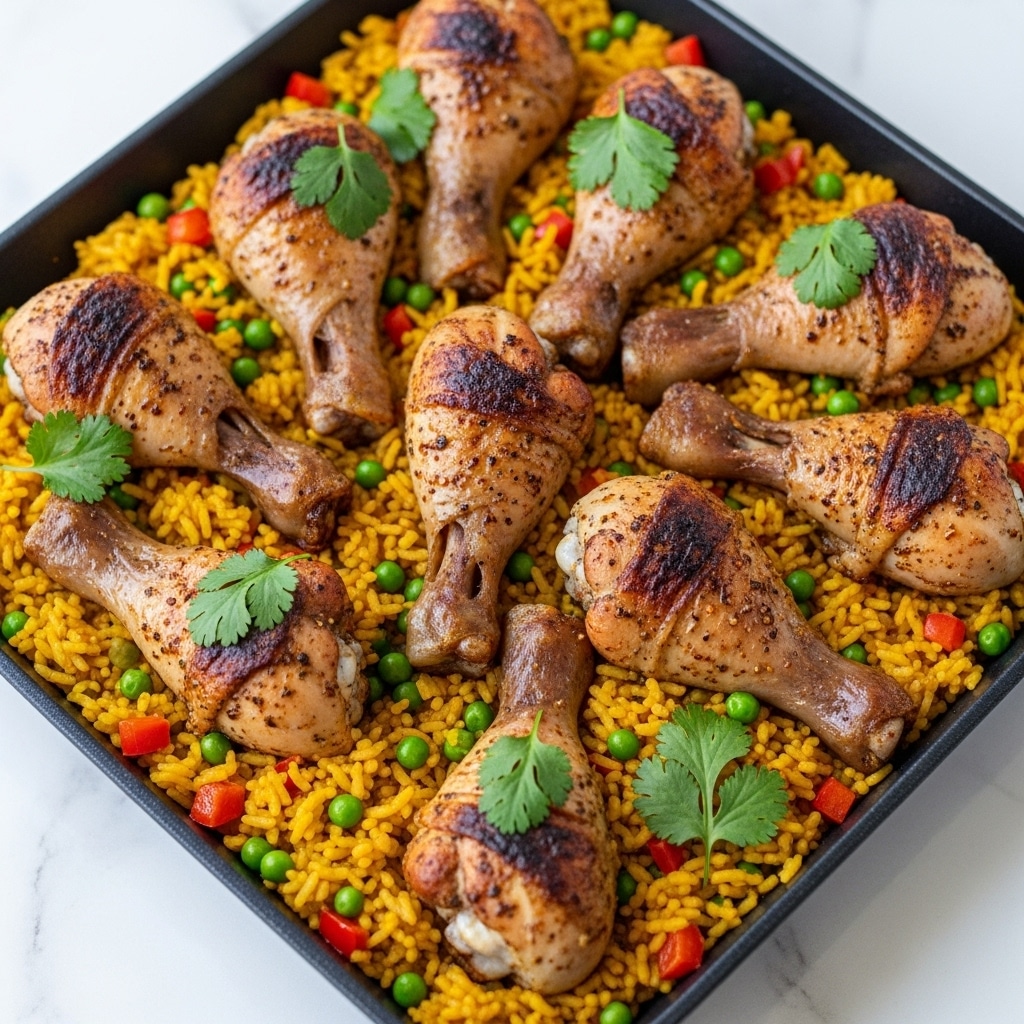 A close-up view of a black pan filled with a colorful rice dish, showing a layer of yellow-orange rice mixed with green peas and small pieces of orange and red bell peppers. On top, there is a layer of seven golden-brown, grilled chicken pieces with visible seasoning and a slight charred texture. Fresh green cilantro leaves are scattered over the chicken and rice, adding a bright touch. The pan is set on a white marbled surface. Photo taken with an iphone --ar 4:5 --v 7