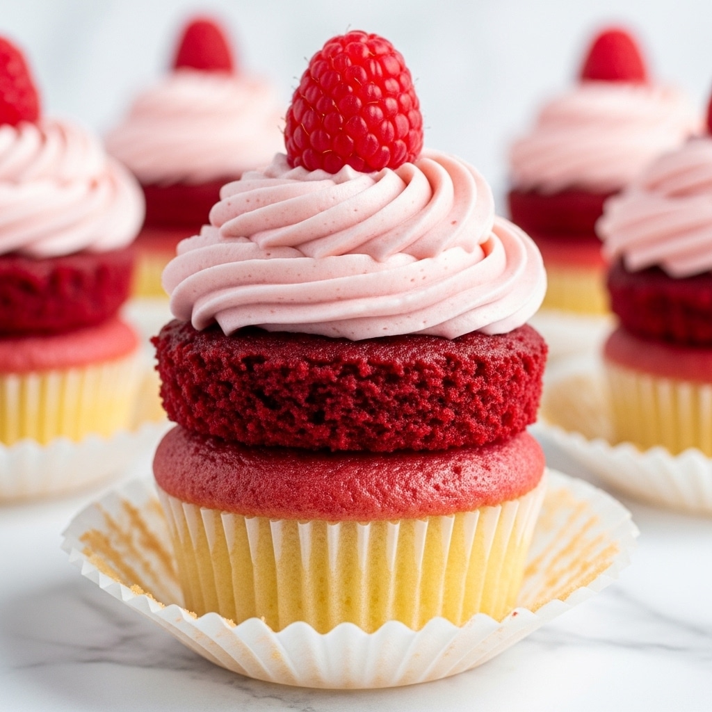 The image shows a cupcake with three main layers. The bottom layer is a light yellow cake with a soft, spongy texture inside a white pleated paper liner. The middle layer is a thick, deep red cake layer that looks moist and slightly crumbly, sitting on top of the yellow cake. The top layer is a smooth, light pink swirl of creamy frosting piped in a spiral pattern, crowned with a fresh, bright red raspberry. The background is a white marbled texture with hints of other similar cupcakes blurred softly. photo taken with an iphone --ar 4:5 --v 7
