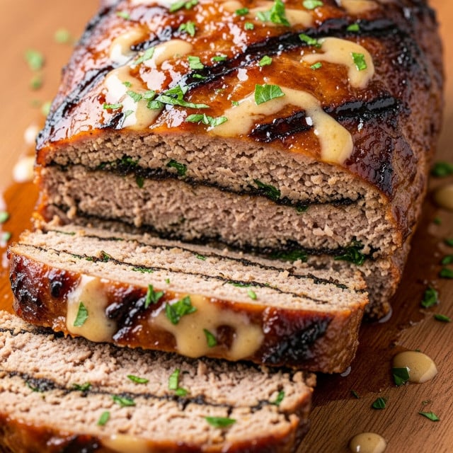 The image shows a close-up of a juicy meatloaf slice with a rich browned crust on top and sides, flecked with small pieces of green herbs throughout the inside and on the surface. The inside texture is soft and tender, looking moist with visible bits of parsley or chives mixed into the meat. There is a glossy layer of light brown glaze or sauce drizzled across the top, enhancing the shine. The meatloaf sits on a wooden surface with a blurred white marbled background. Photo taken with an iphone --ar 4:5 --v 7