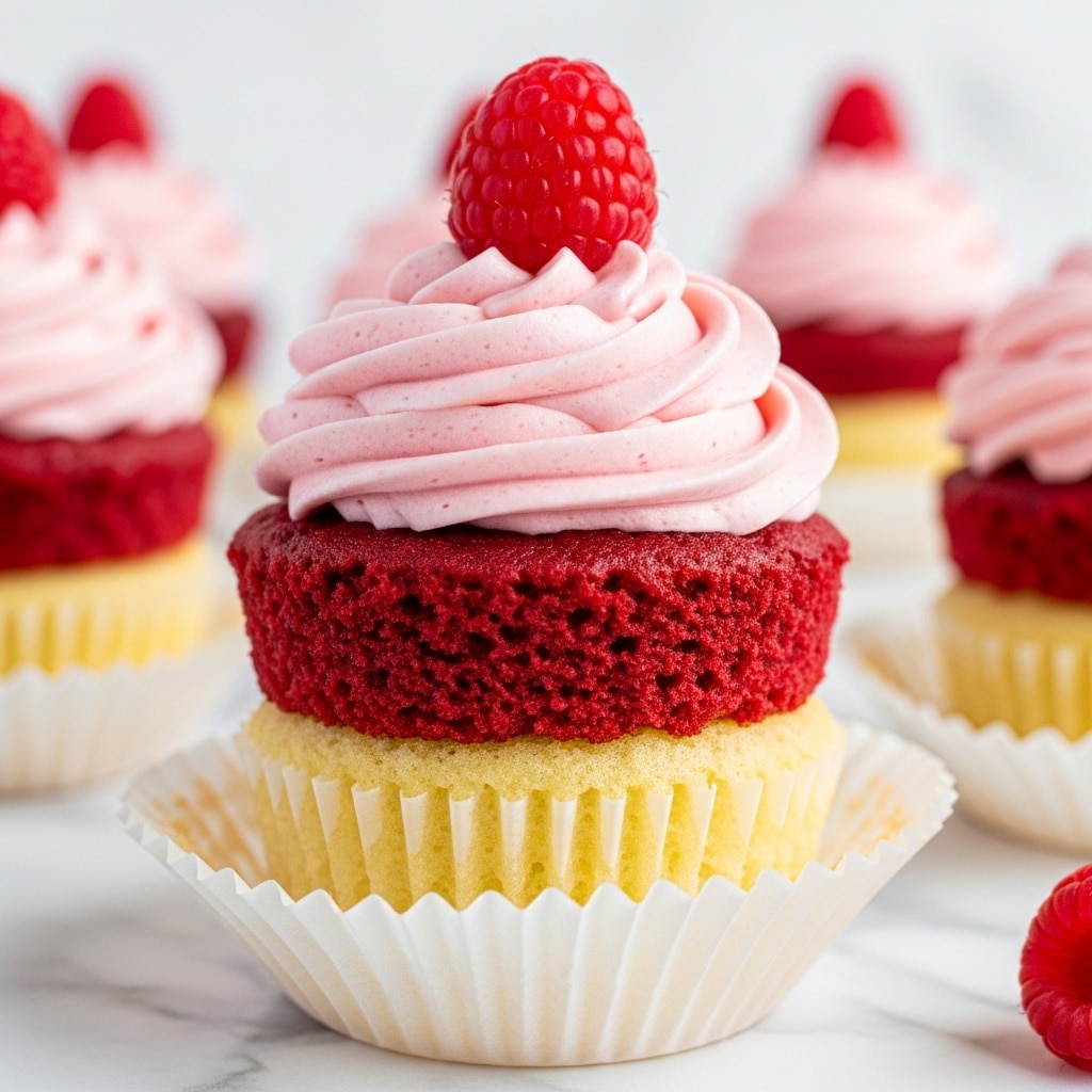 A close-up of a cupcake with three main layers, starting from the bottom with a light golden yellow cake base wrapped in a white paper liner with ridges, a middle bright red layer of cake or filling that looks moist and dense, and a top swirl of light pink creamy frosting with smooth soft peaks. On the very top of the frosting sits a fresh, bright red raspberry with a bumpy texture. The background shows parts of other similar cupcakes and a few loose raspberries scattered on a white marbled surface. photo taken with an iphone --ar 4:5 --v 7