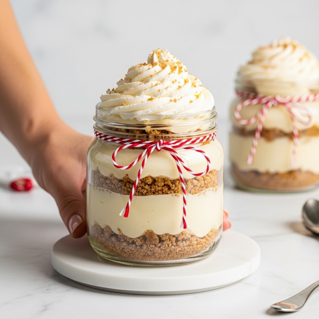 A clear glass jar contains a layered dessert with three main layers visible. The bottom layer is a light brown crumbly base, the middle layer is a smooth off-white creamy filling, and the top layer is thick whipped cream swirled in a spiral shape, lightly sprinkled with small brown bits. A red and white string is tied around the jar just above the crumb layer. The jar is placed on a small white round tray on a white marbled surface, and a woman's hand is holding the jar from the left side. Photo taken with an iphone --ar 4:5 --v 7