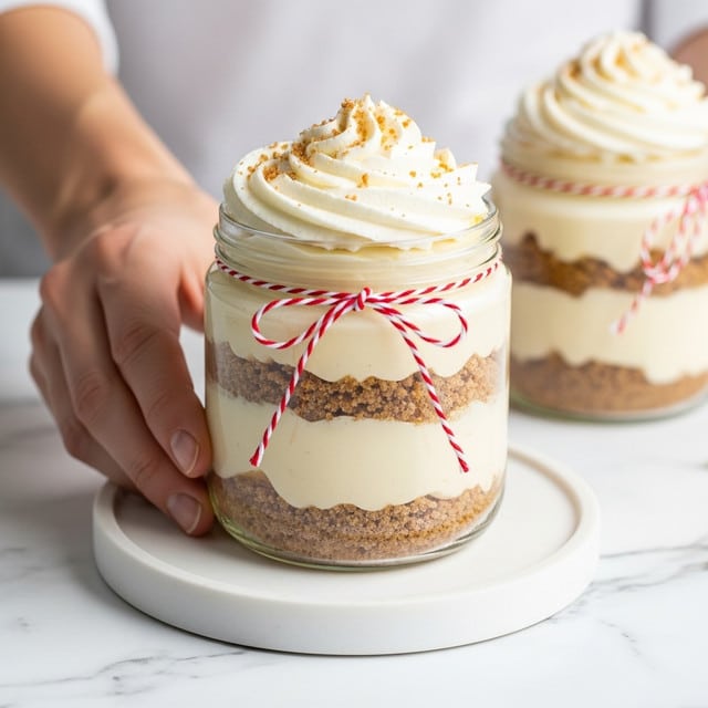 The image shows a small glass jar filled with a three-layer dessert. The bottom layer is light brown and crumbly, likely crushed cookies or cake, sitting right on the glass base. The middle layer is creamy and pale yellow, smooth in texture, filling most of the jar. The top layer is a thick swirl of white whipped cream with small brown sprinkles on top. Around the middle of the jar, a red and white string is tied in a bow. The jar sits on a small silver round tray, which rests on a white marbled surface. A woman's hand is gently holding the jar from the side. Photo taken with an iphone --ar 4:5 --v 7