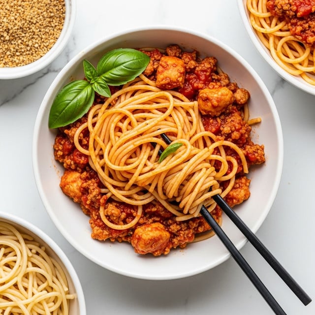 A white bowl filled with spaghetti mixed with a red tomato sauce and pieces of browned meat. The spaghetti forms a loose nest on top of the sauce, with some strands lifted by black chopsticks resting in the bowl from the bottom right. A fresh green basil leaf sits on top of the spaghetti near the top left of the bowl. The bowl is placed on a white marbled surface, with part of another white bowl containing plain spaghetti visible at the bottom left, and a white bowl filled with brown breadcrumbs in the top left corner. To the right, there is a glimpse of another white bowl with more spaghetti and meat sauce. Photo taken with an iphone --ar 4:5 --v 7