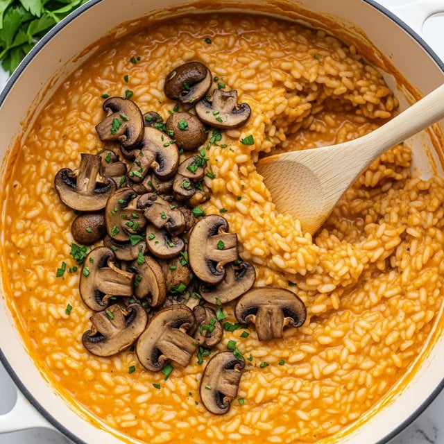 A close-up view of creamy orange mushroom risotto in a large white cooking pot. The risotto layer is thick and soft, showing grains of rice mixed evenly with a smooth, rich orange sauce. Scattered on top are slices of browned sautéed mushrooms with a glossy texture, and sprinkled green herbs add a fresh contrast. A light wooden spoon rests in the pot, lifting part of the risotto, and the edge of a bunch of fresh green herbs is visible at the top left. The background has a white marbled texture. photo taken with an iphone --ar 4:5 --v 7