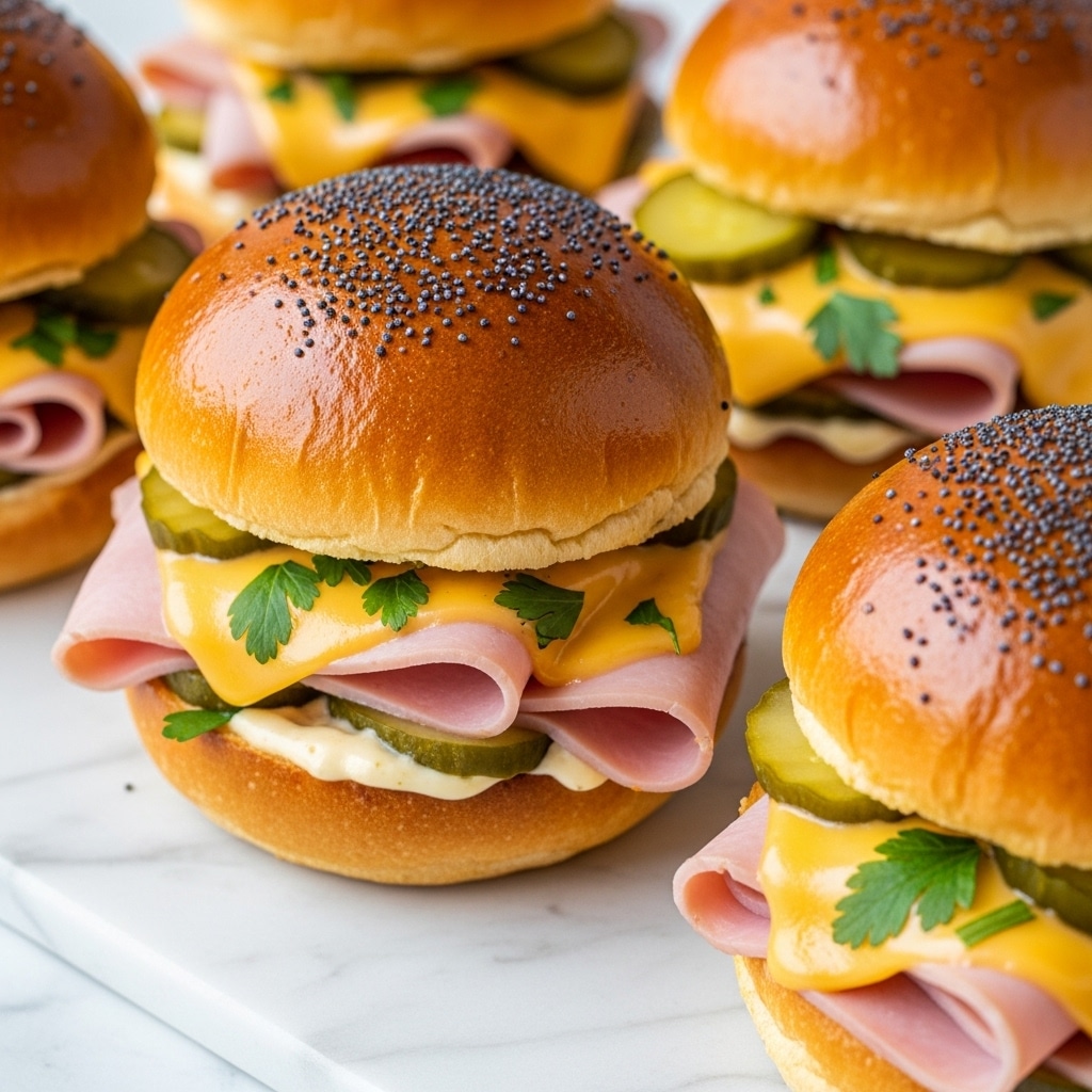 A close-up view of several slider sandwiches placed on a white marbled surface, each sandwich showing two soft, shiny golden brown buns with poppy seeds on top. Inside, there are layers of thinly sliced light pink ham, melted yellow cheese that looks creamy and gooey, and sprinkled fresh green herbs on top. Some sandwiches display thin pickle slices peeking out from underneath the ham. The texture of the buns is soft and slightly glossy, with a moist and tender look to the filling layers. photo taken with an iphone --ar 4:5 --v 7