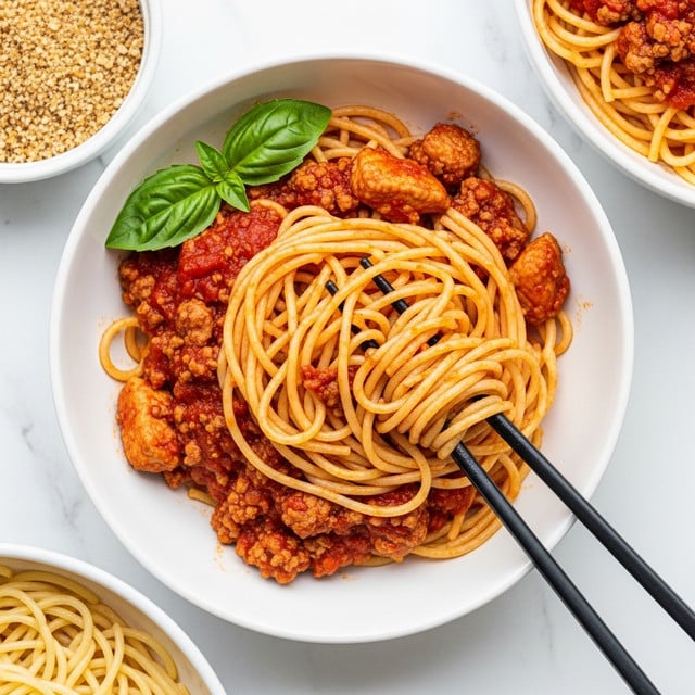 A white bowl filled with spaghetti layered with thick red tomato sauce mixed with chunks of cooked ground meat and melted cheese, with a few vibrant green basil leaves placed on top. The spaghetti noodles are light yellow and twisted around a black chopstick that is placed in the bowl. Around the main bowl, there is a small white bowl with golden-brown crispy topping on the left top and a white plate with plain cooked spaghetti on the bottom left. On the bottom right are two translucent salt and pepper shakers. The entire setup is on a white marbled surface. photo taken with an iphone --ar 4:5 --v 7