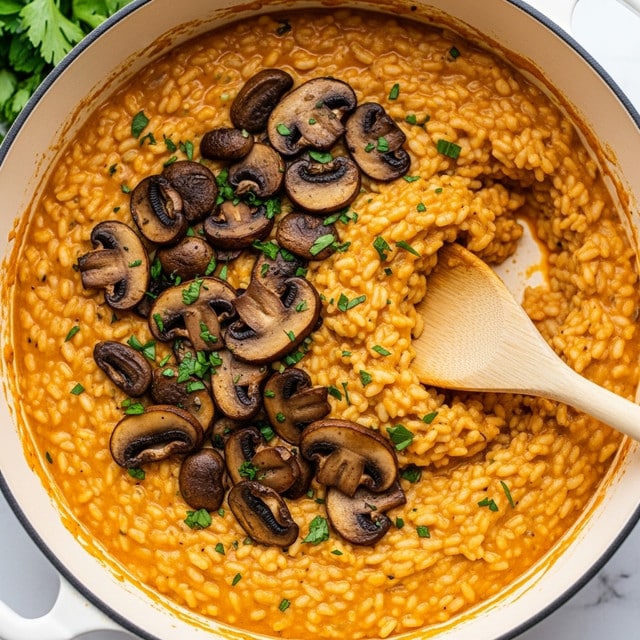 A creamy mushroom risotto, showing one thick layer of orange-colored creamy rice with a soft texture filling the inside of a white pot, topped with a scattered single layer of cooked brown and glossy mushroom slices and finely chopped green herbs throughout. A wooden spoon rests on the right side, lifting some risotto slightly, with a woman's hand holding it. In the top left corner, some fresh green herbs add a touch of color, all placed on a white marbled surface. photo taken with an iphone --ar 4:5 --v 7