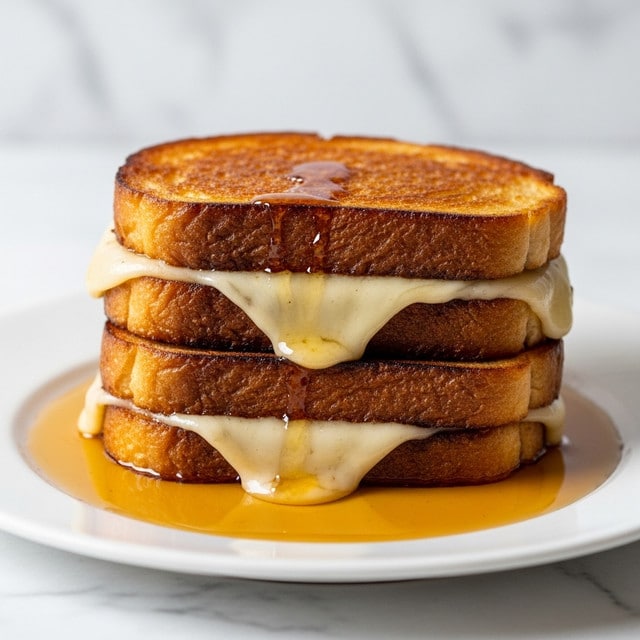 A close-up of a two-layer grilled cheese sandwich on a white plate, each slice of bread toasted to a rich golden brown with a slightly crisp texture on top. Between the layers is melted, creamy white cheese oozing out slightly from the edges. The sandwich sits in a pool of shiny amber syrup that glistens under the light, highlighting the moistness of the bread and cheese. The background features a blurred white marbled texture that adds a clean and simple look to the image. Photo taken with an iphone --ar 4:5 --v 7