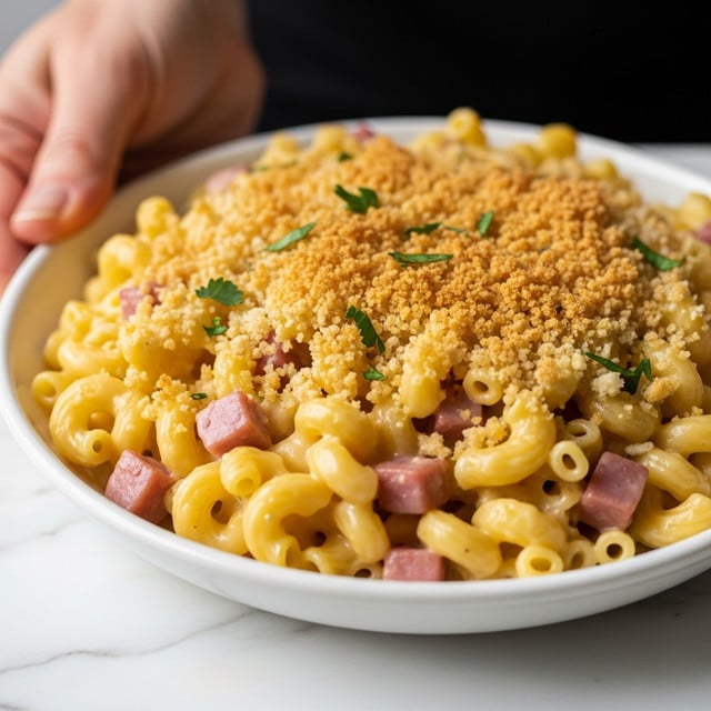 The image shows a close-up of creamy baked macaroni and cheese with small cubes of ham mixed in. The macaroni noodles are coated in a smooth, melted cheese sauce that is pale yellow and creamy in texture. On top, there is a thick golden-brown breadcrumb crust that looks crunchy and evenly browned, with some fresh green herbs sprinkled lightly for a touch of color. The dish is presented against a white marbled surface, and a woman's hand is holding a white dish containing the macaroni and cheese. Photo taken with an iphone --ar 4:5 --v 7