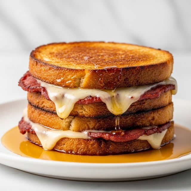 A close-up view of a grilled cheese sandwich cut into a square shape with two toasted golden-brown bread slices, each slice showing a crisp and slightly darker edge. Between the slices is a thick layer of melted, creamy white cheese that oozes slightly at the edges. The sandwich sits on a white plate with a shallow pool of golden syrup spreading around its base, adding a shiny texture that reflects light. The background is a soft white marbled texture. photo taken with an iphone --ar 4:5 --v 7