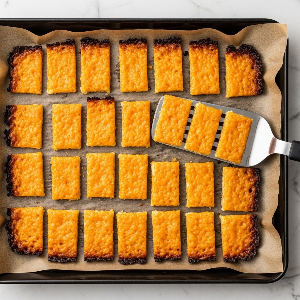 The image shows a baking tray lined with parchment paper on a white marbled surface, filled with small rectangular pieces of golden-orange baked cheese crisps arranged in neat rows. Each crisp has a bubbly, slightly browned texture with darker spots of crisped cheese and herbs on top. A metal spatula holds three crisps above the tray, highlighting the crispy edges and melted, slightly gooey cheese texture underneath. The edges of the crisps are browned to a deeper orange, showing a crunchy finish with some melted cheese oozing slightly on the tray. Photo taken with an iphone --ar 4:5 --v 7