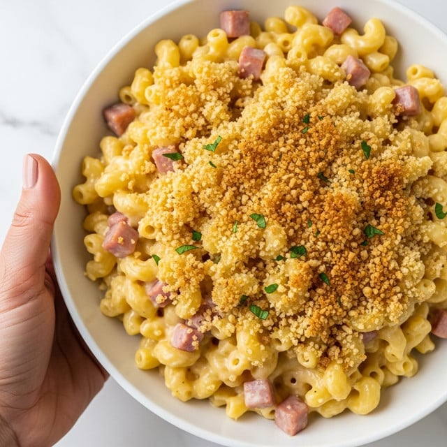 The image shows a close-up of a creamy baked macaroni and cheese dish with small chunks of ham mixed throughout. The top layer is golden brown with crispy breadcrumbs, giving it a crunchy texture. Beneath the crunchy top, the macaroni pasta is covered in a thick, smooth, and creamy cheese sauce that looks rich and cheesy. The ham pieces are pink and scattered evenly among the pasta. The photo is tightly framed to highlight the gooey cheese pull and the texture contrast between the crispy top and soft pasta underneath. The background is a white marbled texture. Photo taken with an iphone --ar 4:5 --v 7