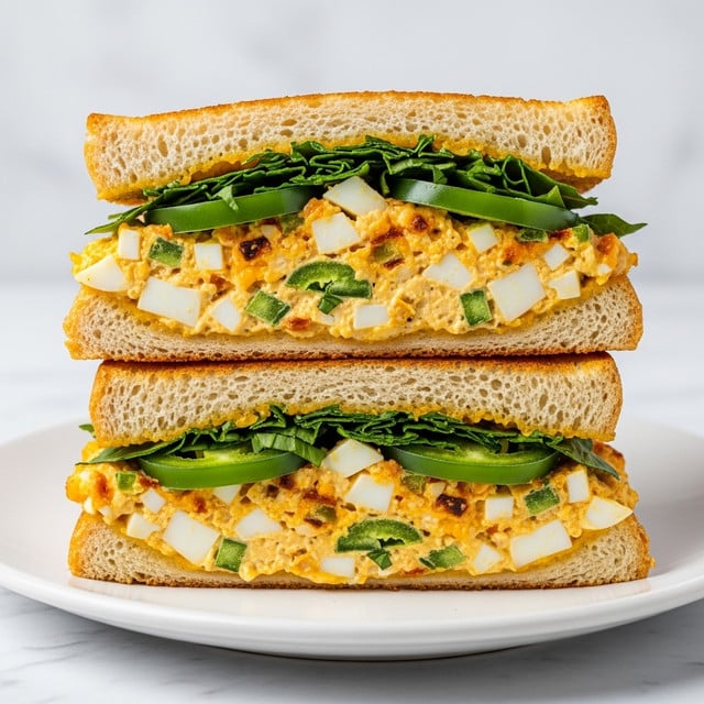 The image shows two sandwich halves stacked on top of each other on a white plate, placed on a white marbled surface. Each sandwich has three main layers: the bottom and top layers are light brown toasted bread with a soft texture, while the middle layer is thick and creamy with a mix of chopped white eggs, green jalapeño slices, and fresh green herbs. The creamy mixture has a slightly browned, grilled appearance with a mix of orange and white colors, indicating melted cheese and seasoning. The jalapeño slices are fresh and vibrant, adding pops of green color. Small pieces of chopped green herbs are scattered throughout the filling, giving texture and freshness. Photo taken with an iphone --ar 4:5 --v 7