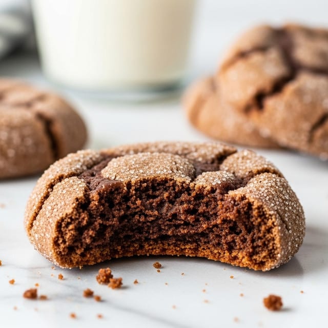 A close-up of a chocolatey cookie with a bite taken out of it, showing a soft, dark brown inside and a slightly rough, sugar-coated outer layer in light to medium brown shades. The cookie rests on a white marbled surface sprinkled with some crumbs, and in the blurry background, there is a glass of milk along with another cookie. The overall look is warm and cozy with a mix of soft and crunchy textures. Photo taken with an iphone --ar 4:5 --v 7