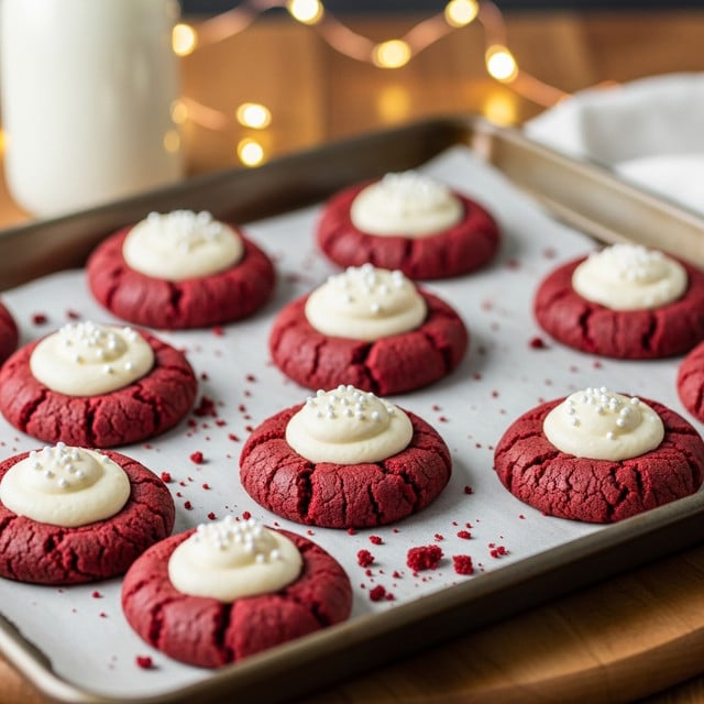 The image shows a baking tray holding nine round red cookies that have a soft and cracked texture. Each cookie has a thick dollop of creamy white frosting placed in the center, topped with small white sprinkles. The cookies have a deep red color with a crumbly surface, and some cookie crumbs are scattered on the tray. The tray sits on a wooden surface with a blurred background that has warm lights and a bottle of milk. photo taken with an iphone --ar 4:5 --v 7