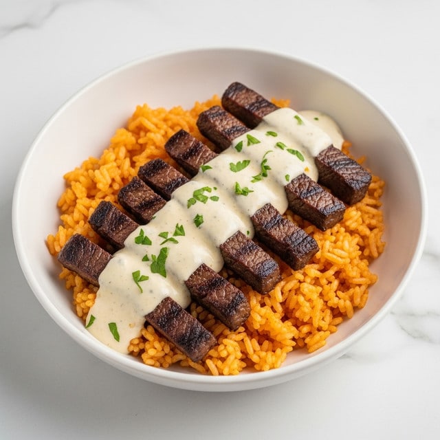 A white bowl filled with orange rice that looks soft and cooked, topped with several slices of dark brown grilled meat laid neatly in the center. Over the meat and rice, there is a drizzle of white sauce with small green herbs. The dish is placed on a white marbled surface. photo taken with an iphone --ar 4:5 --v 7
