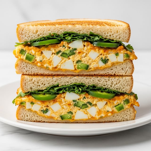 The image shows a sandwich cut in half and stacked, with two main layers of fillings on white bread. The bottom layer consists of a mix with small chunks of white egg and chopped green celery and jalapeño slices, all spread thickly and evenly on the bread. Above this is a creamy orange spread with bits of white egg, herbs, and spices, creating a textured, slightly crispy top surface. The sandwich is placed on a white plate with some green herb pieces scattered around, set against a white marbled background. photo taken with an iphone --ar 4:5 --v 7
