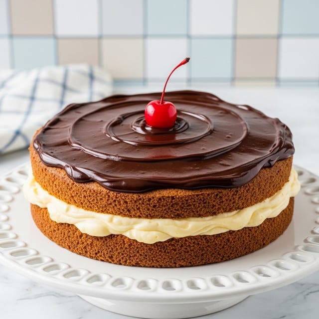 A round two-layer cake with light brown sponge layers sandwiches a thick, creamy pale yellow filling in the middle. The top layer is covered in a smooth, glossy, dark chocolate ganache with visible swirls, and a single bright red cherry with a stem sits in the center. The cake is placed on a white cake stand with detailed loops around the edge, set on a white marbled surface with a soft blue and beige checkered pattern in the background. Photo taken with an iphone --ar 4:5 --v 7