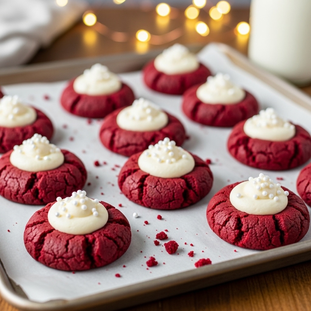 There is a tray with nine round red cookies, each with cracks on the surface showing a soft texture. On top of each cookie, there is a thick white cream layer that looks smooth and slightly shiny, decorated with small white sprinkles. The cookies are placed on white parchment paper covering the tray, and there are some red crumbs scattered around them. The setting has blurred warm lights in the background, and the tray is on a white marbled surface. Photo taken with an iphone --ar 4:5 --v 7