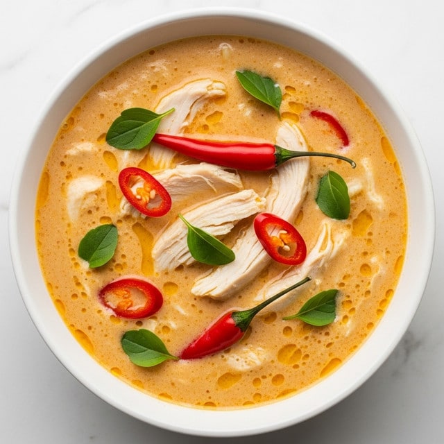 The image shows a bowl of creamy yellow soup with visible layers including chunks of white chicken, bright red chili pieces, and green leafy herbs scattered throughout the soup. The soup has a smooth and slightly bubbly texture with the chicken pieces and chilies floating on top. The bowl is white and sits on a white marbled surface with a hint of a lime wedge blurred in the background. photo taken with an iphone --ar 4:5 --v 7