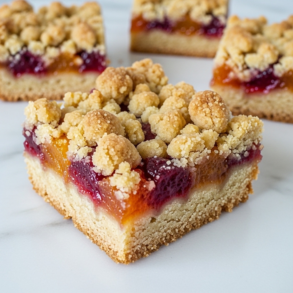 The image shows a close-up of a square fruit crumble bar placed on a white marbled surface, with another piece blurred in the background. The bar has three layers: the bottom layer is a light golden-brown crust with a slightly rough texture, the middle layer consists of colorful fruit pieces in shades of orange and red that look juicy and soft, and the top layer is a crumbly, crumb-textured golden topping sprinkled evenly. The colors blend naturally, showing the mix of fruit and crumbs clearly. Photo taken with an iphone --ar 4:5 --v 7