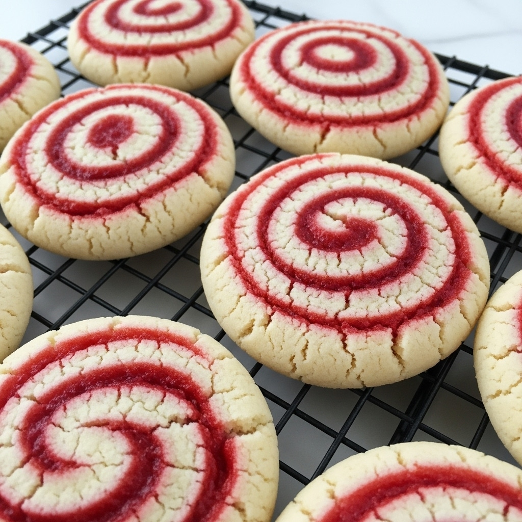 The image shows several round cookies with a spiral pattern on top, placed close together on a black cooling rack. Each cookie has two distinct layers: a cream-colored cookie dough base with a soft, crumbly texture, and a bright pinkish-red swirl of jam or fruit filling that is evenly distributed in a spiral from the center to the edges. The overall look is soft and slightly cracked, showing the contrast between the light dough and the vivid swirl. The background is a white marbled surface, keeping focus on the cookies. photo taken with an iphone --ar 4:5 --v 7