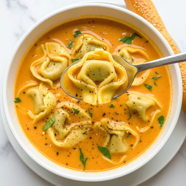 The image shows a white bowl filled with creamy orange soup containing several folded tortellini pasta pieces, some partially submerged and some floating on top. The soup has a smooth texture with visible black pepper and green herb sprinkles scattered over the surface. A silver spoon is holding up one tortellini, showing the soft, slightly wrinkled texture of the pasta against the creamy broth. The bowl sits on a white marbled surface, and part of a golden-brown breadstick is visible next to the bowl. photo taken with an iphone --ar 4:5 --v 7