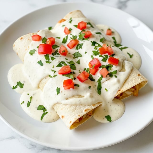 The dish shows two rolled tortillas filled with a creamy sauce, placed side by side on a white plate. Each tortilla is covered with a thick layer of white sauce that looks smooth and slightly shiny. On top of the sauce, there are small pieces of bright red tomato scattered evenly, adding fresh color. Finely chopped green herbs are sprinkled all over the dish, giving a fresh and vibrant look. The white plate sits on a white marbled surface, making the colors of the food stand out clearly. Photo taken with an iphone --ar 4:5 --v 7