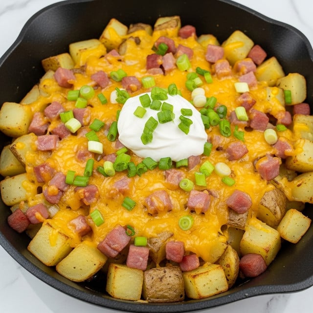 A white bowl holds a dish with three visible layers: the bottom layer is small, golden brown potato cubes, evenly spread; above this is a layer of melted, bright yellow-orange cheese covering the potatoes fully; on top are scattered pink ham cubes and finely chopped green herbs, sprinkled evenly; in the center sits a white dollop of sour cream with a smooth texture. The surface below the bowl is a white marbled texture. Photo taken with an iphone --ar 4:5 --v 7