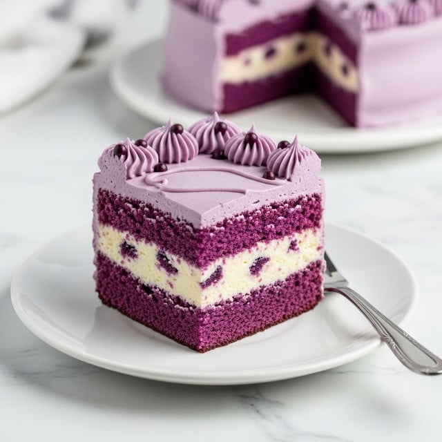 A square slice of layered cake sits on a white plate on a white marbled surface. The cake has three visible layers: the bottom is a thick, dense purple sponge layer, the middle is a creamy white layer with purple specks, and the top is a smooth light purple frosting layer. On top of the cake, there are decorative swirls of purple frosting with small dark purple dots scattered among them. A silver fork rests on the plate next to the cake slice. In the background, there is a blurred view of the rest of the cake on a white plate. Photo taken with an iphone --ar 4:5 --v 7