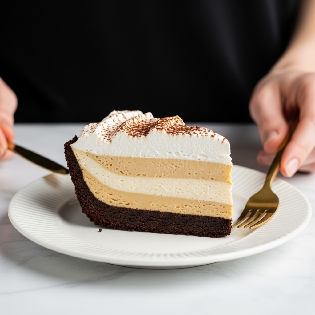 A slice of pie with three clear layers sits on a white plate with subtle lines along the edge. The bottom layer is dark brown and looks firm and crumbly like a chocolate crust. The middle layer is thick, smooth, and light beige, filling most of the slice. The top layer is white and fluffy like whipped cream, dusted with a light sprinkle of cocoa powder. The plate is placed on a white marbled surface, and a woman’s hand is holding a golden fork nearby. Photo taken with an iphone --ar 4:5 --v 7