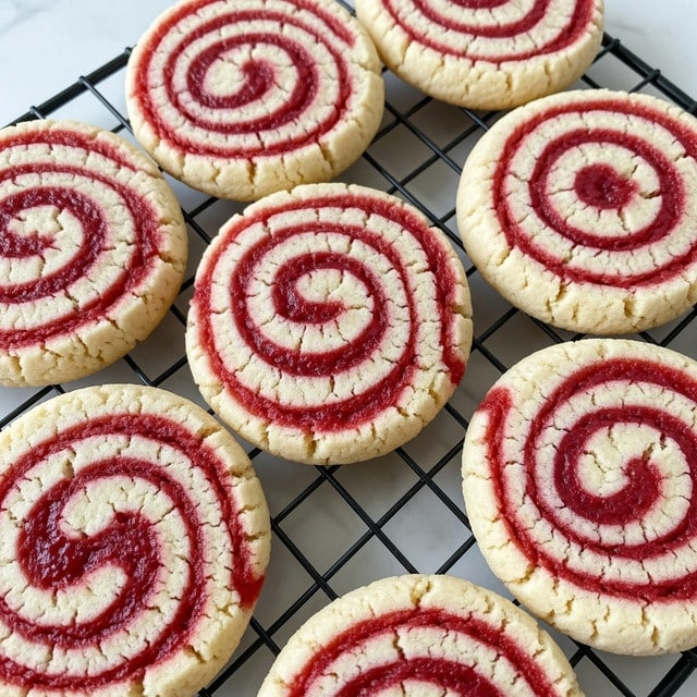 The image shows a close-up of several swirl cookies arranged closely together on a black cooling rack. Each cookie has two visible layers: the base layer is a pale golden-brown soft cookie dough with a slightly cracked texture, and it is swirled with a bright red jam layer that creates a spiral pattern from the center outward. The jam looks glossy and slightly sticky, contrasting with the matte texture of the cookie dough. The background is a white marbled surface, and the focus is on the front cookie with a soft blur on the others behind it. photo taken with an iphone --ar 4:5 --v 7