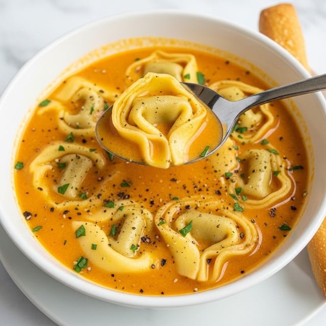 A white bowl filled with creamy orange soup that looks thick and smooth, containing several plump yellow tortellini pasta floating on top. The tortellini have a shiny texture with some green herb sprinkles scattered on them and on the soup surface. A silver spoon rests inside the bowl holding one tortellini. There is a piece of toasted bread with a golden brown crust placed next to the bowl on a white marbled surface. photo taken with an iphone --ar 4:5 --v 7