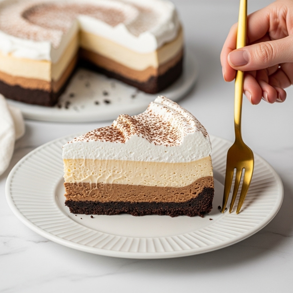 A close-up of a single slice of pie on a white plate with subtle ridges around the edge, sitting on a white marbled surface. The pie slice has three clear layers: the bottom crust is dark brown and thick with a crumbly texture, the middle layer is smooth and creamy light beige, and the top is a thin layer of white whipped cream dusted lightly with cocoa powder. The edge of the crust is uneven and raised, holding the layers inside. In the background, there is a blurred golden fork, and a woman's hand is reaching toward the pie slice. Photo taken with an iphone --ar 4:5 --v 7