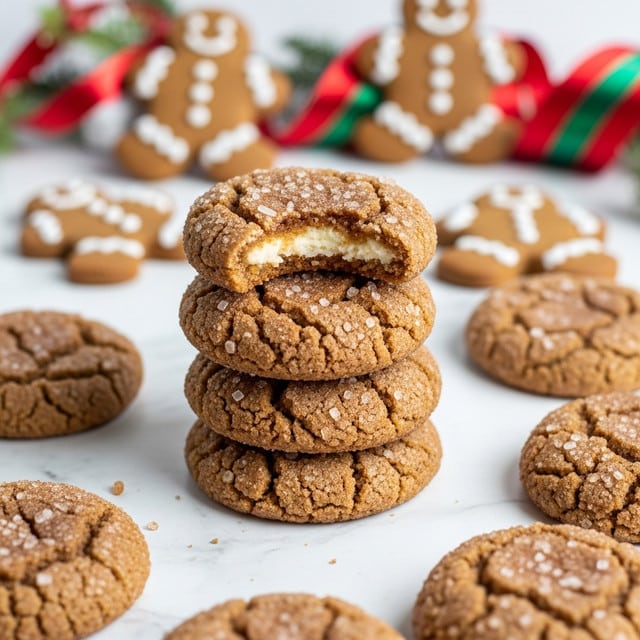 A stack of four soft, round cookies with a brown sugar and cinnamon coating sits in the center, each cookie showing a slightly cracked and grainy texture with sugar crystals on the surface. The top cookie has a bite taken out revealing a creamy white filling inside. Around the stack, more cookies with the same textured surface are scattered on a white marbled texture. In the background, festive red and green ribbons and blurred gingerbread men cookies decorated with white icing add a holiday feel. photo taken with an iphone --ar 4:5 --v 7