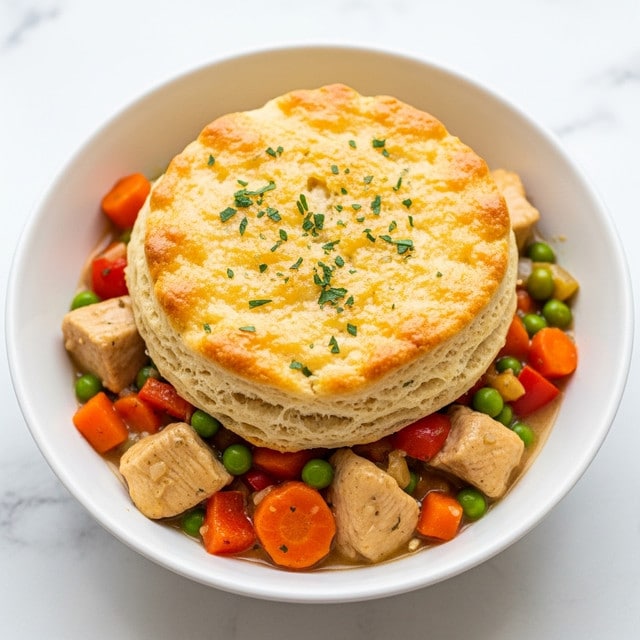 The image shows a white bowl filled with a hearty chicken pot pie topped with a thick, golden-brown biscuit layer. The biscuit has a slightly shiny, crisp surface with flecks of green parsley sprinkled on top. Below the biscuit, the creamy pot pie filling contains chunks of tender chicken and colorful vegetables including bright orange carrots, green peas, and red bell peppers, all coated in a rich, glossy sauce. The bowl is placed on a white marbled surface, adding a clean and elegant touch to the warm, comforting dish. Photo taken with an iphone --ar 4:5 --v 7