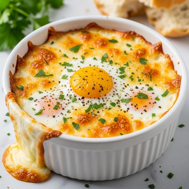 A white ceramic round ramekin filled with baked eggs, showing one whole sunny yellow yolk in the center surrounded by cooked white egg whites with golden brown melted cheese patches on top; fresh green parsley leaves sprinkled over the surface add color contrast, with some black pepper flakes scattered around; a few pieces of torn light brown crusty bread and some green herbs are blurred in the background, all sitting on a white marbled surface. photo taken with an iphone --ar 4:5 --v 7