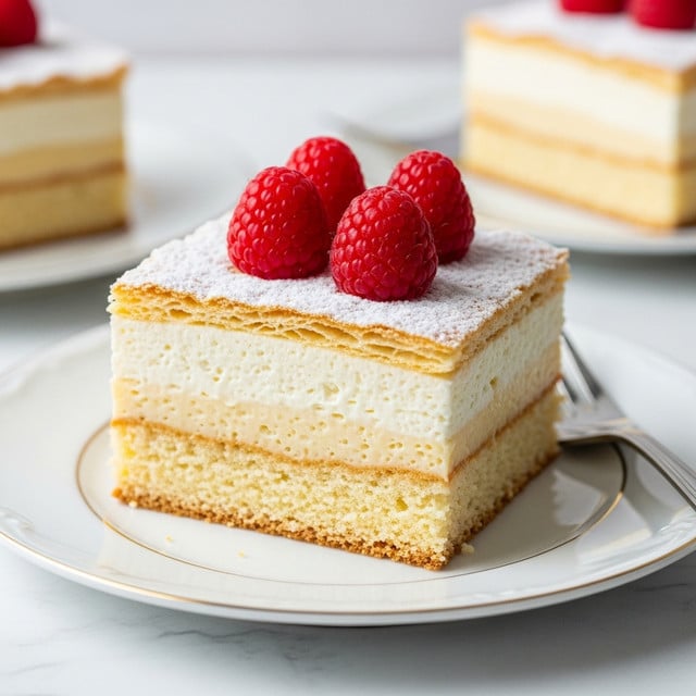 A dessert slice is shown on a white plate with a thin gold edge, placed on a white marbled surface. The dessert has three layers: the bottom is a light, slightly browned porous cake layer, the middle is a thick, creamy, white smooth filling, and the top is a golden, flaky, airy layer dusted with powdered sugar. Three bright red raspberries sit neatly on top in the center. There is a fork beside the dessert on the plate, and the background is softly blurred with another piece of the dessert visible. Photo taken with an iphone --ar 4:5 --v 7