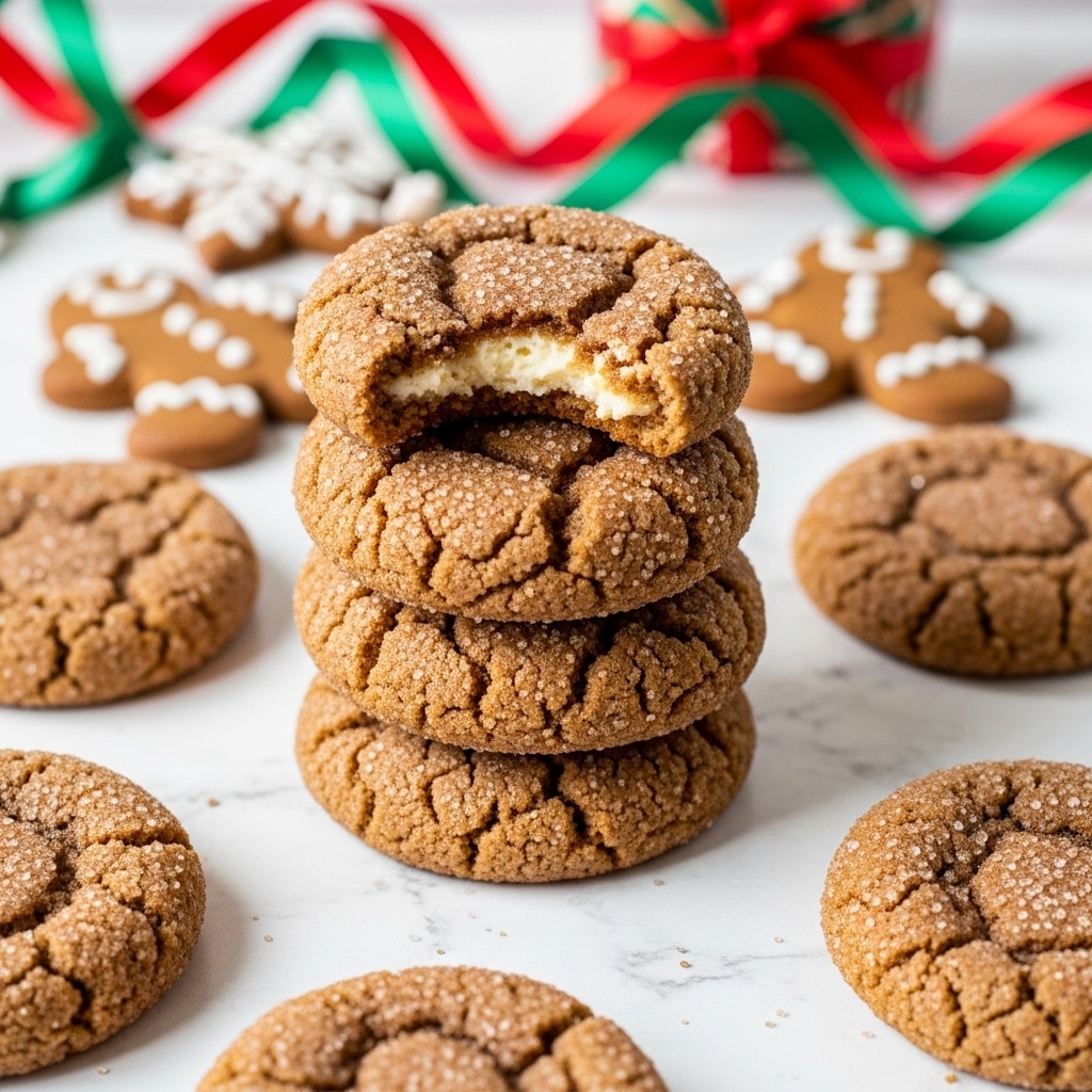 A stack of five soft, round brown cookies coated with sugar and cinnamon is shown on a white marbled texture. The top cookie has a bite taken out, revealing a creamy white filling in the center. Around the cookie stack, more similar cookies lay flat, while red and gold glitter balls and a gingerbread cookie with white icing decorate the background. A piece of plaid ribbon with red, green, and gold stripes lies near the bottom edge. The cookies have a slightly crackled surface texture. Photo taken with an iphone --ar 4:5 --v 7
