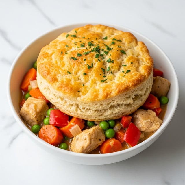 A white bowl holds a tall, golden-brown biscuit with a shiny, slightly crispy top sprinkled with small green herb pieces. Below the biscuit is a creamy stew with chunks of white chicken, bright orange carrot pieces, red bell pepper squares, and green peas, creating a colorful and textured mix around the biscuit’s base. The background is softly blurred, showing a pie dish with a golden crust, all set on a white marbled surface. photo taken with an iphone --ar 4:5 --v 7