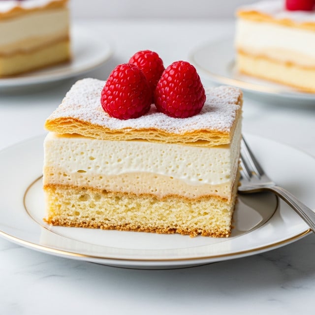 A square slice of layered cake is placed on a white plate with a thin gold rim, sitting on a white marbled texture. The bottom layer is a light golden sponge cake, topped by a thick, fluffy white cream layer, and finished with a top layer of thin, flaky, golden-brown pastry dusted with powdered sugar. On top of the cake, there are three bright red raspberries. In the background, there is a blurred second slice of cake and some red berries, adding depth to the image. photo taken with an iphone --ar 4:5 --v 7
